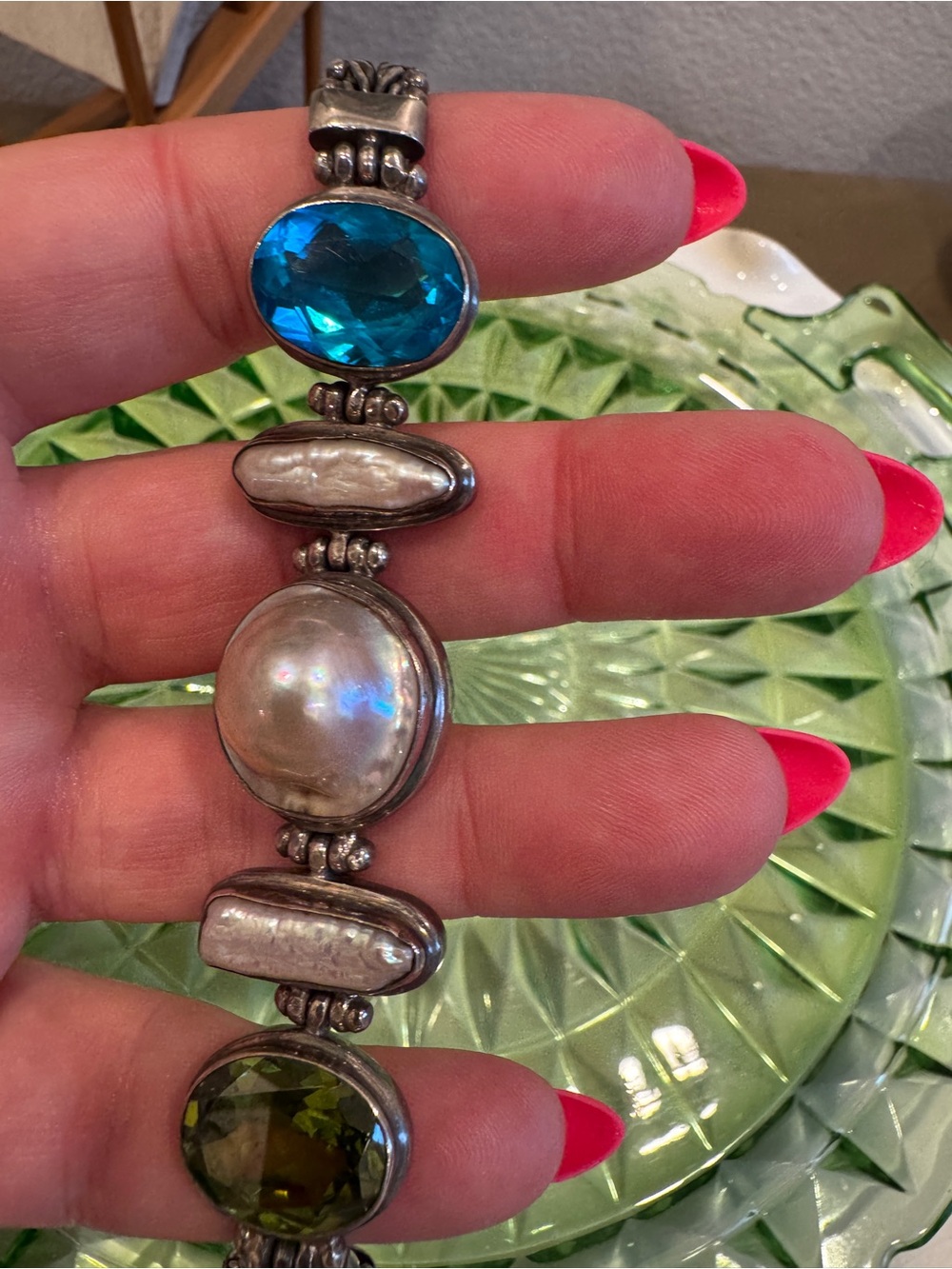 Sterling Silver Pearl Gemstone Crystal Link Bracelet Blue Topaz  & Peridot Green